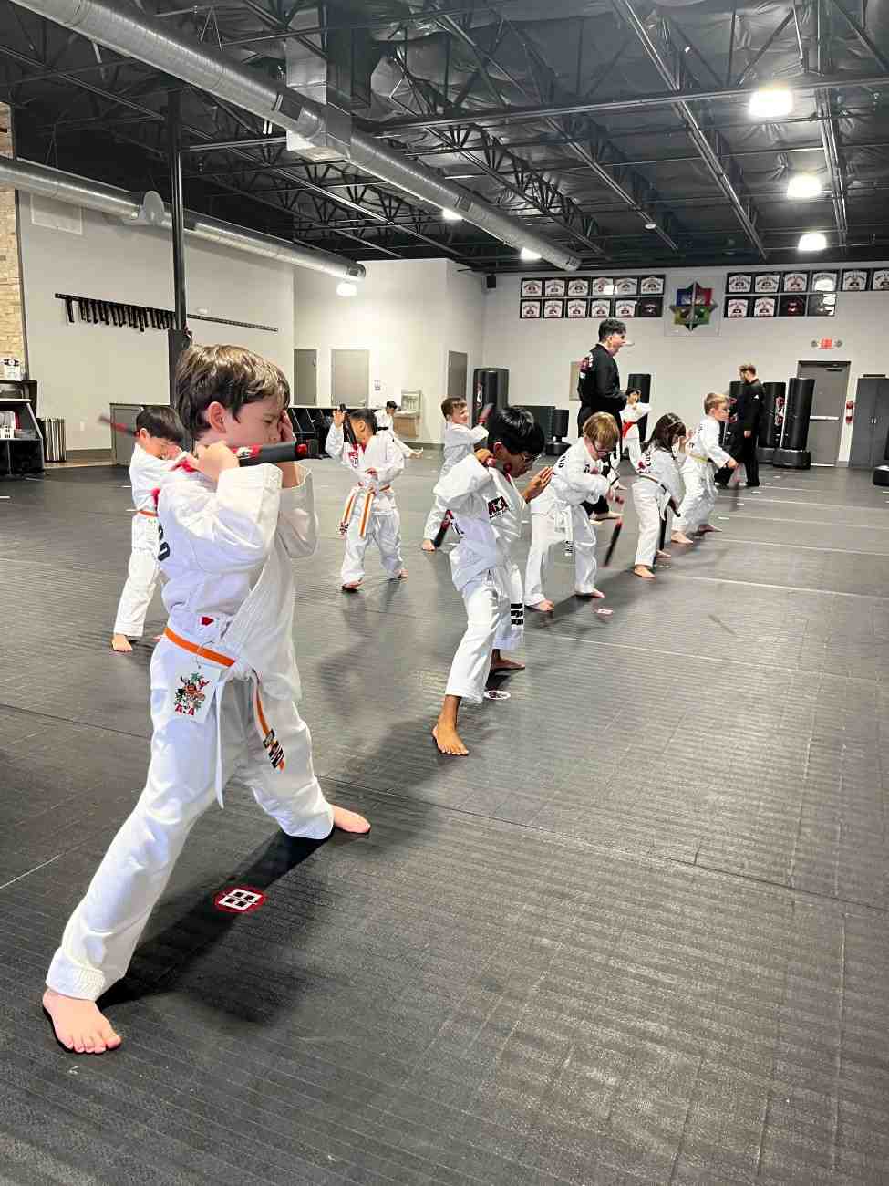 students in a taekwondo class performing drills