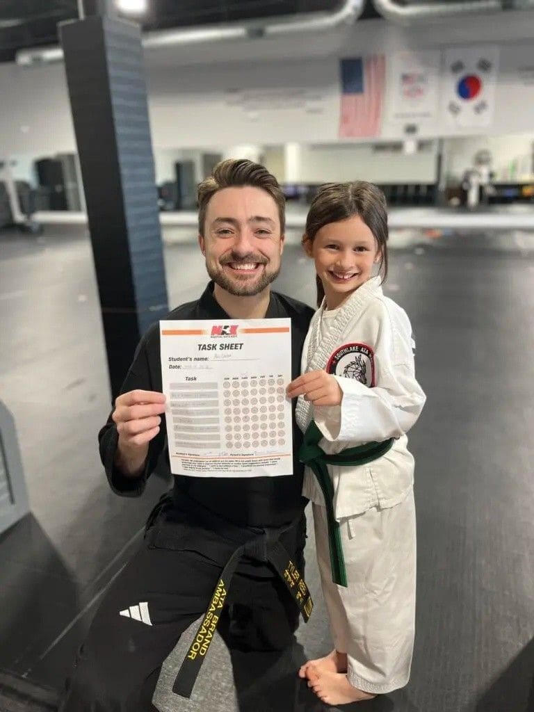 student showing confidence during preschool self defense classes