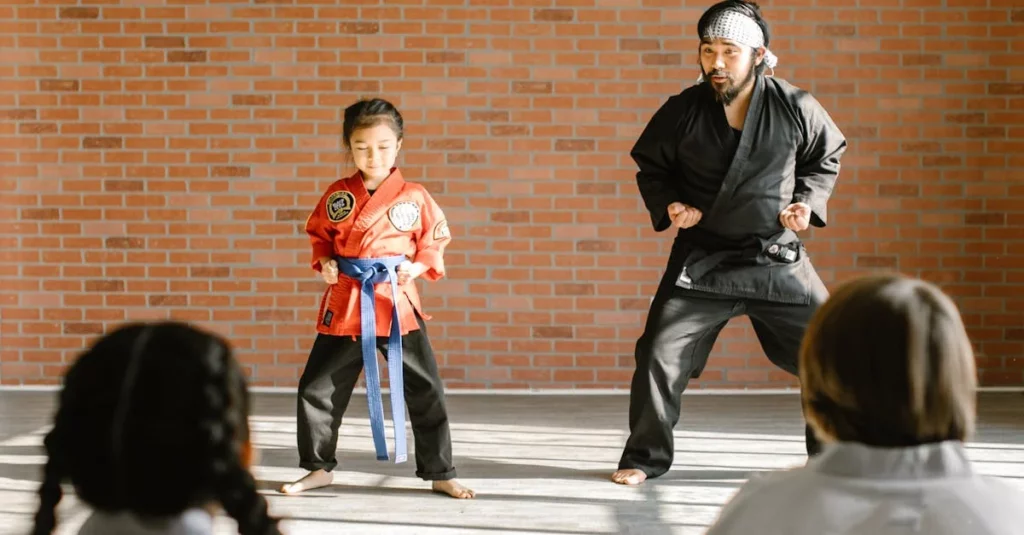 Instructor guiding child stance during self defense lessons for everyday awareness